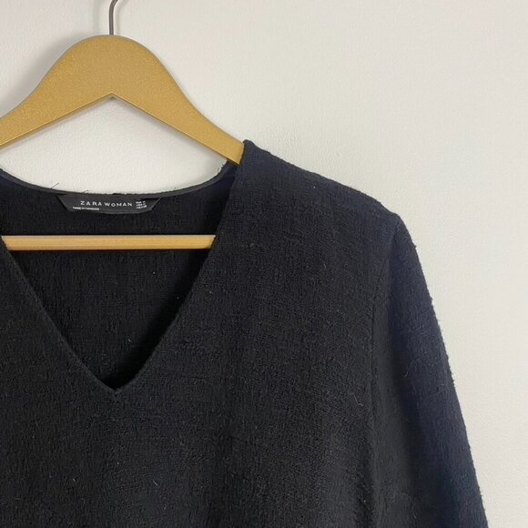 Zara Woman Black Distressed Fringe Bell Sleeve Sweater - Picture 6 of 12